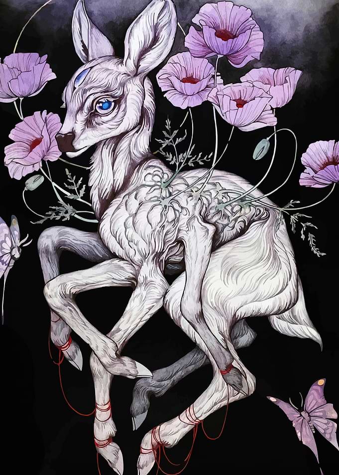 Mystical Fawn with Poppies and Butterflies
