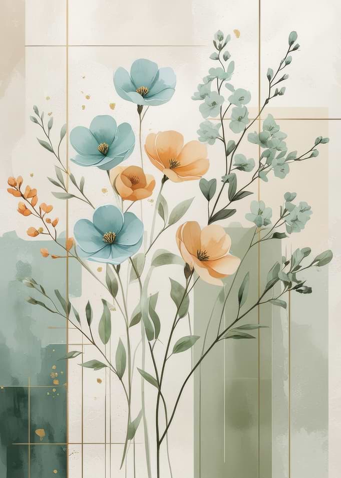 Floral Watercolor Painting with Geometric Accents