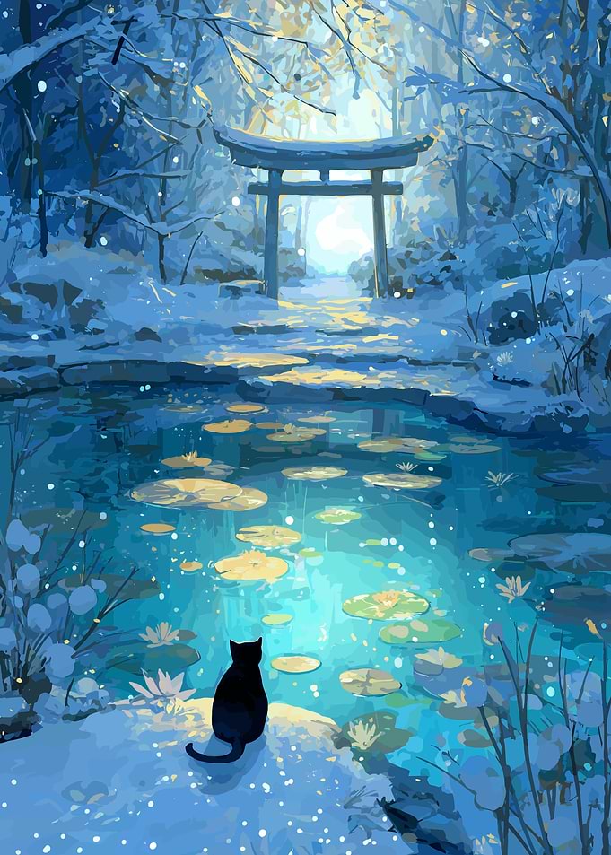 Winter Pond Torii Gate Cat