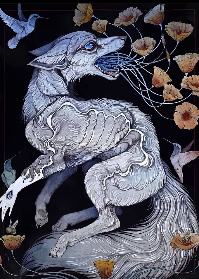 Surreal Fox with Flowers and Hummingbirds
