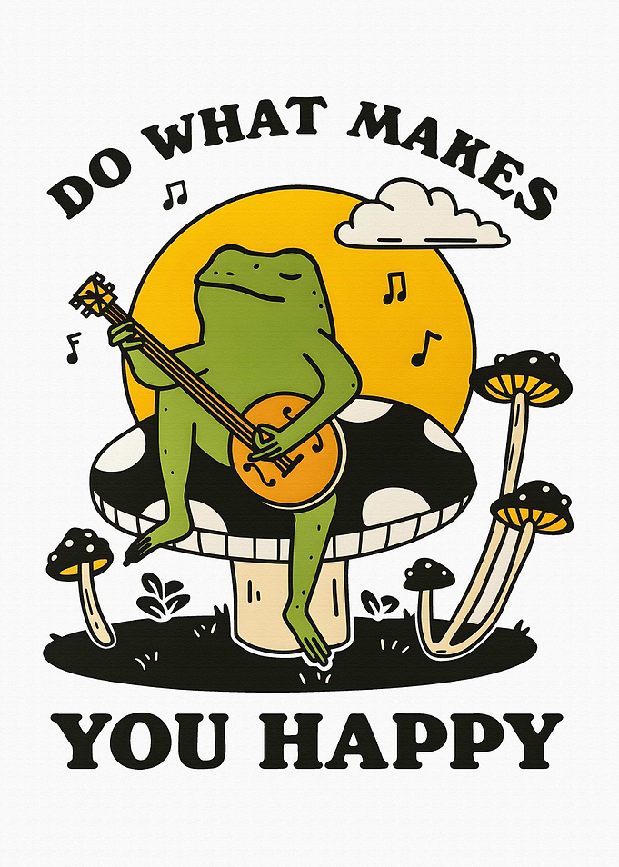 Frog playing banjo on mushroom