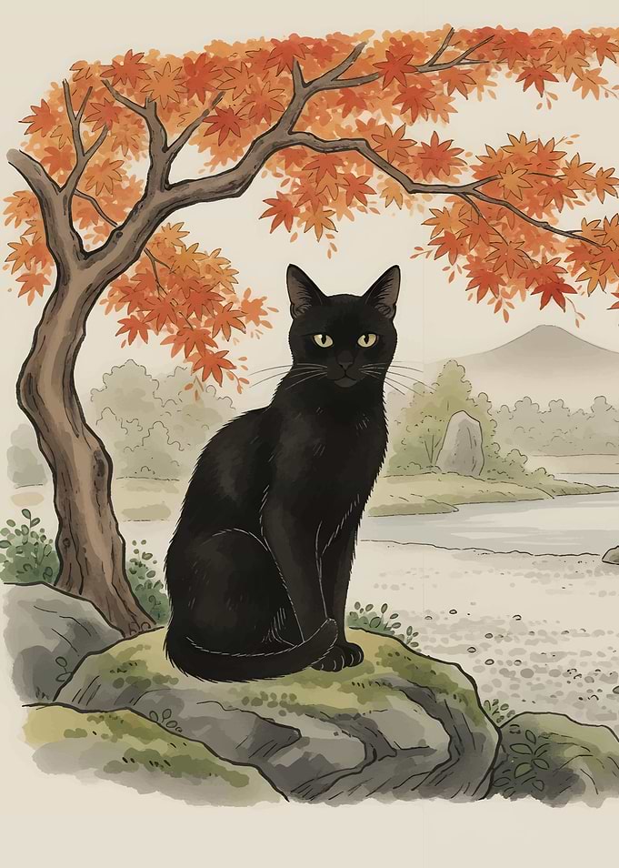 Black Cat Under Autumn Maple Tree