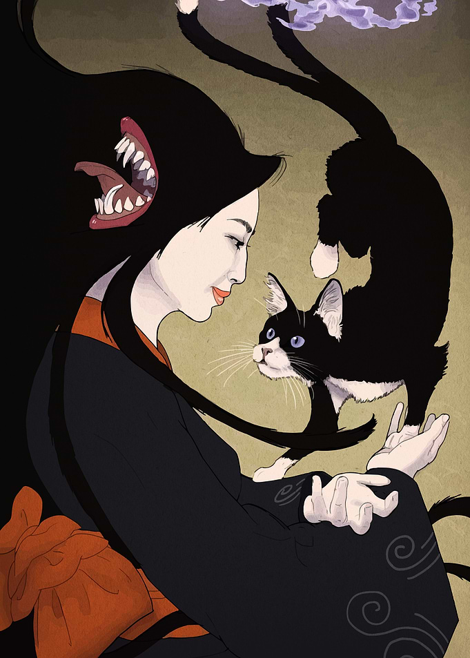 Woman, Cat, and Monster Illustration