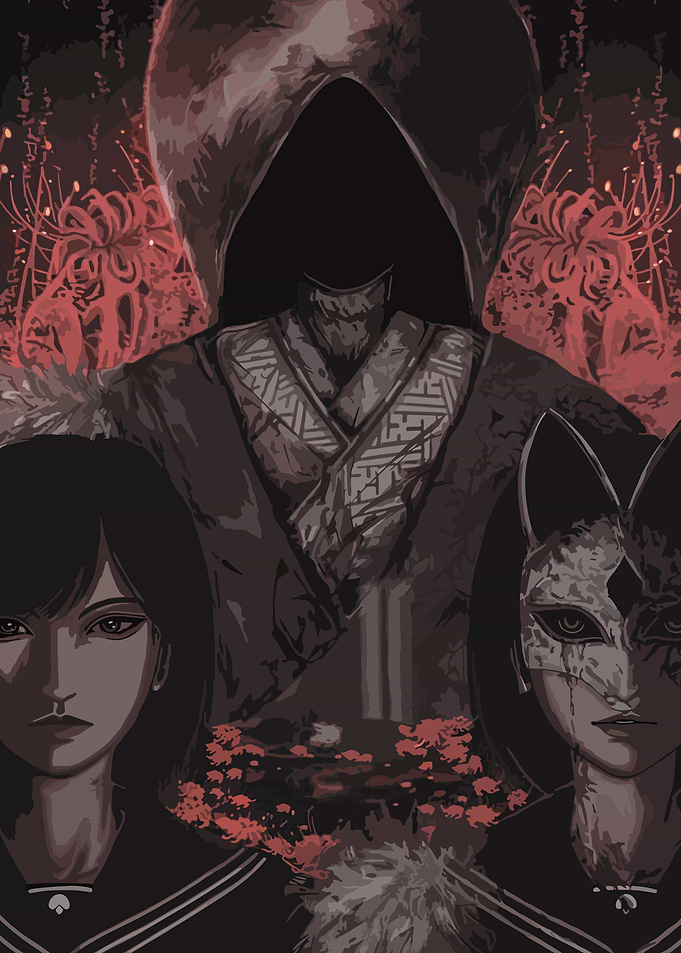 Hooded Figure with Two Girls