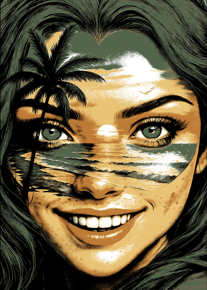 Woman with beach scene on face
