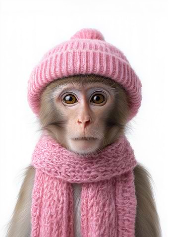 Cozy Monkey in Pink Hat and Scarf