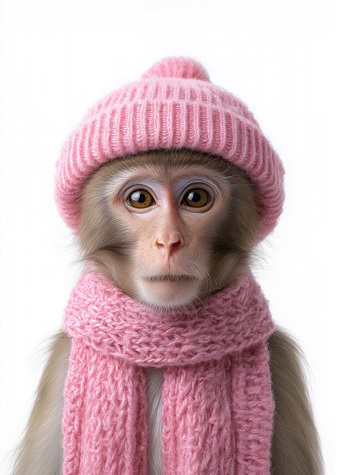 Cozy Monkey in Pink Hat and Scarf