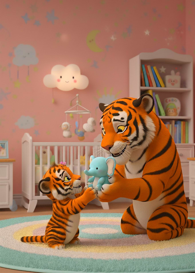 Tiger and Cub with Elephant Toy