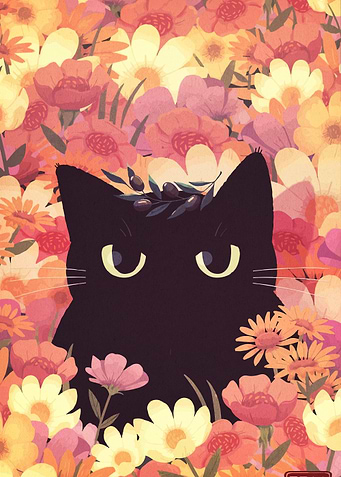 Black Cat in Floral Garden