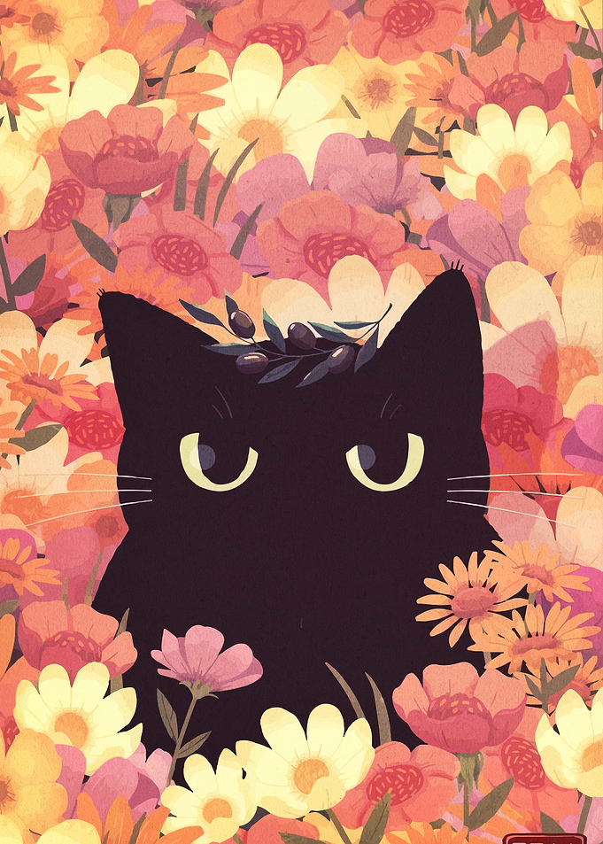 Black Cat in Floral Garden