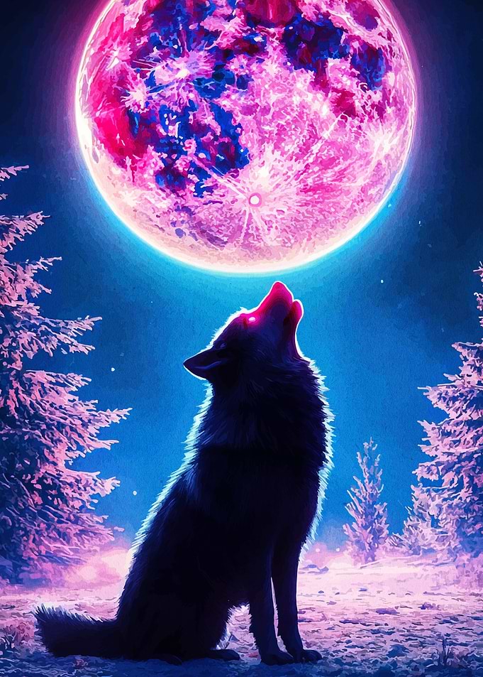 Wolf Howling at Pink Moon