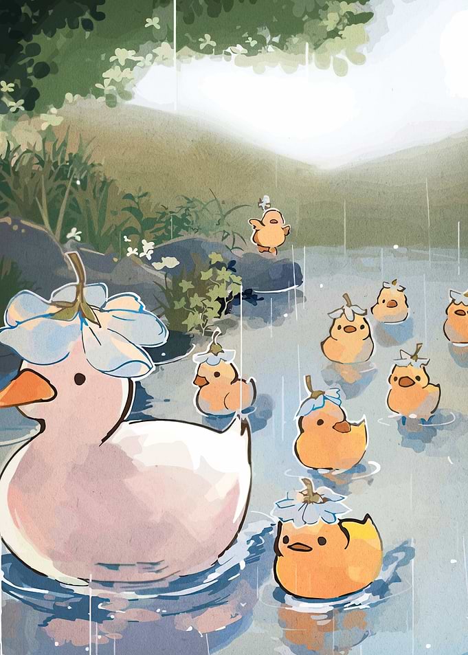 Ducklings in the Rain with Flowers