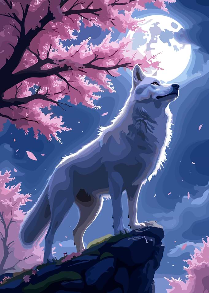 Wolf Under Cherry Blossoms and Moon
