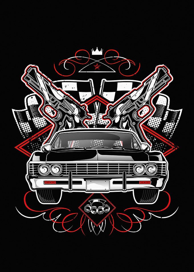Classic Car with Guns and Flags