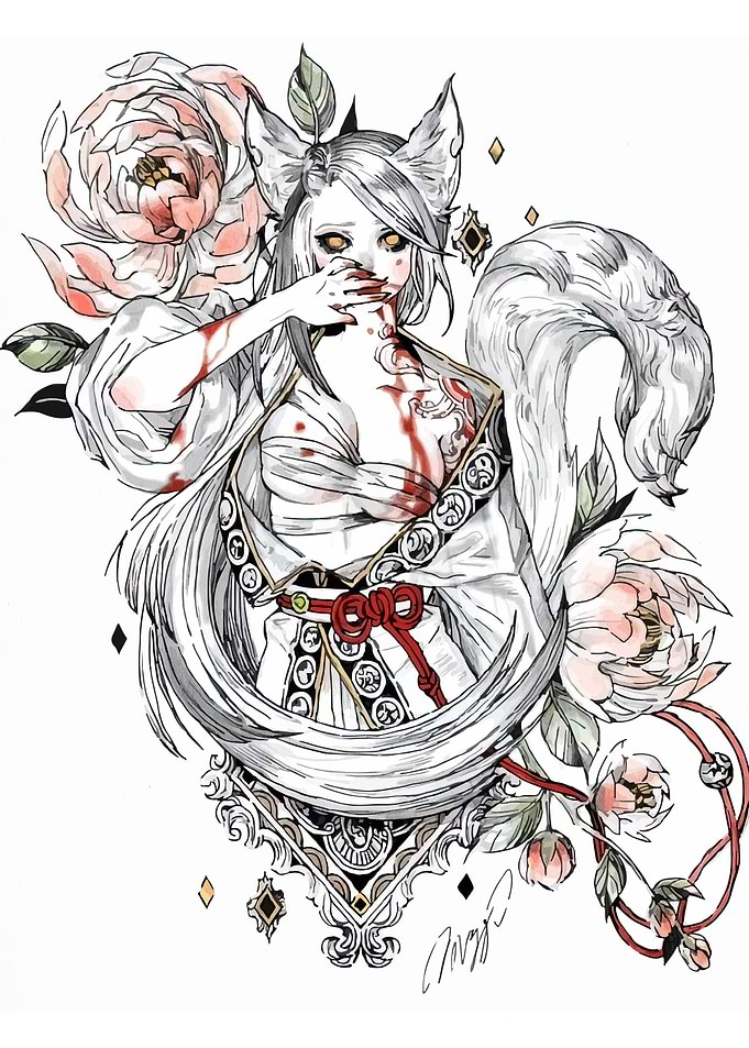 Fox Spirit Girl with Flowers