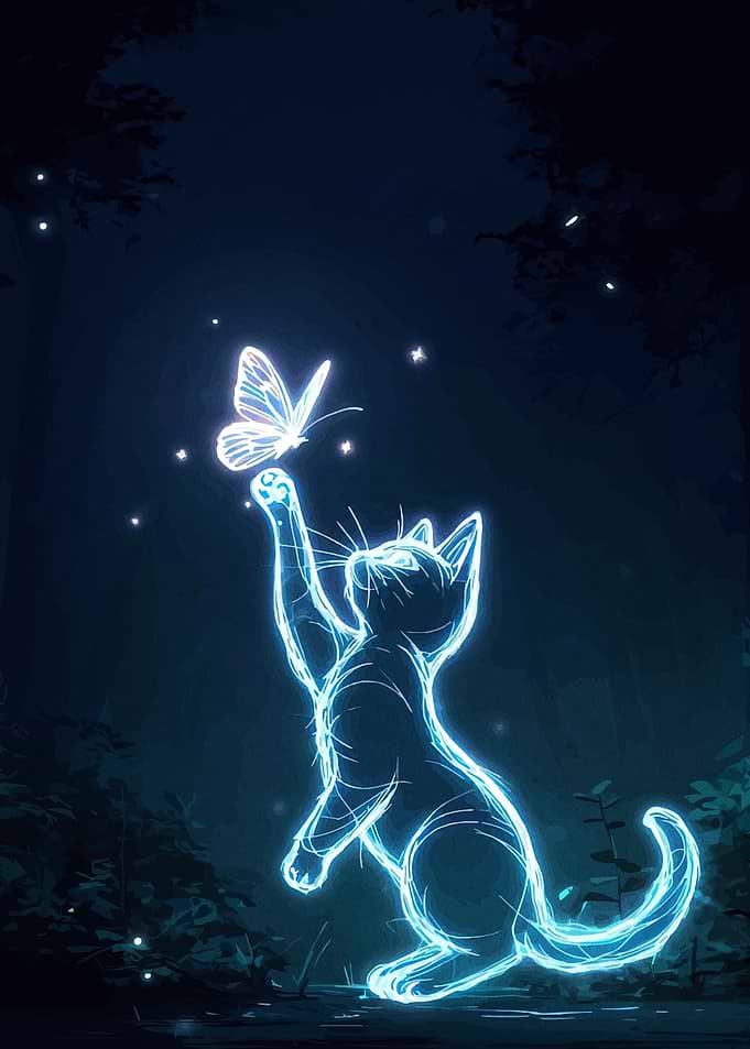 Glowing Cat and Butterfly in Forest
