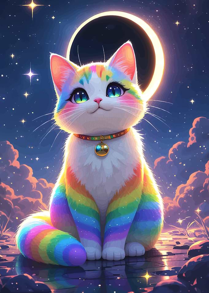 Rainbow Cat Moonlit Sky