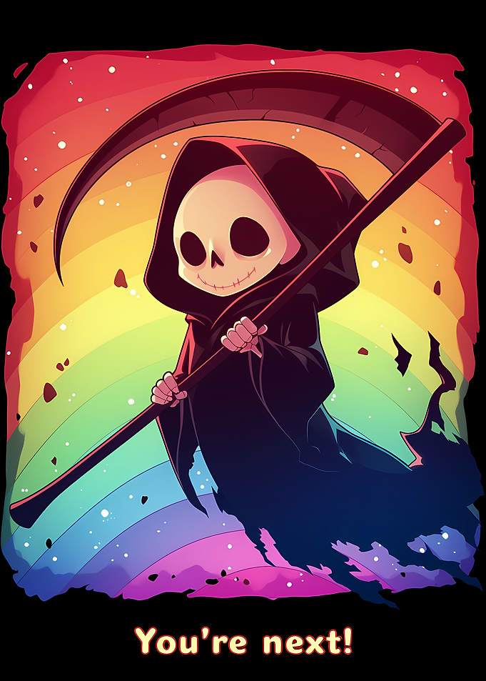 Cute Grim Reaper with Rainbow Background