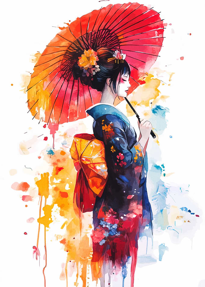 Watercolor Geisha with Umbrella