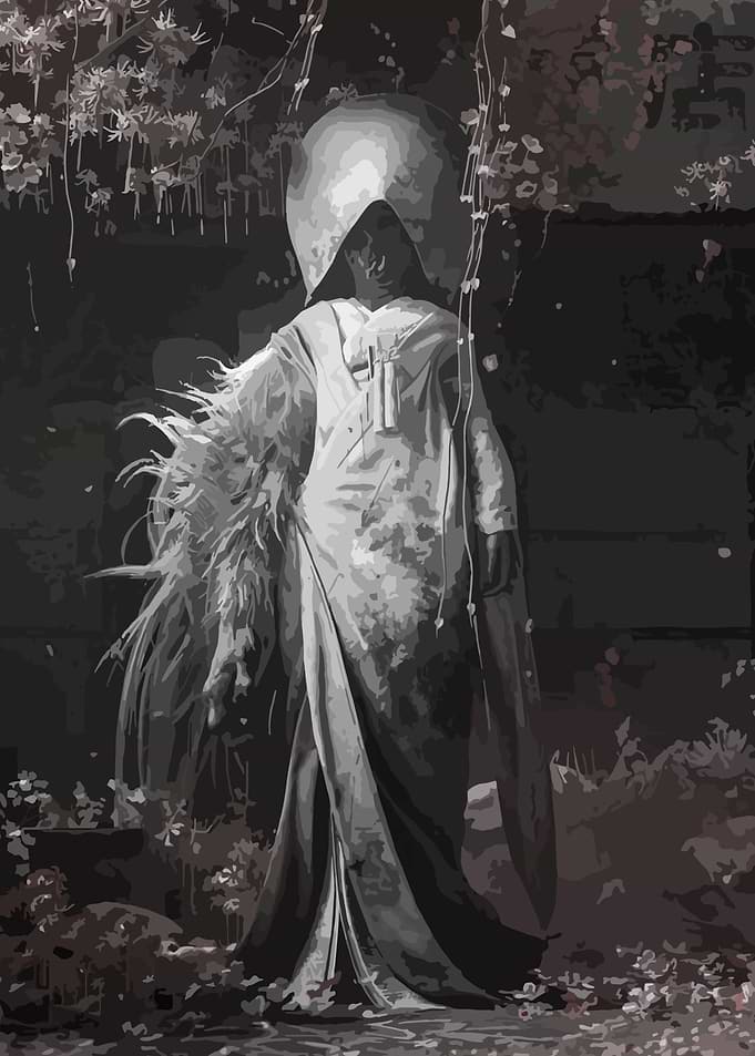 Monochrome Figure in Cloak and Hood