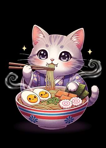 Cute Cat Eating Ramen Illustration