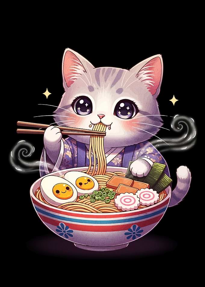 Cute Cat Eating Ramen Illustration