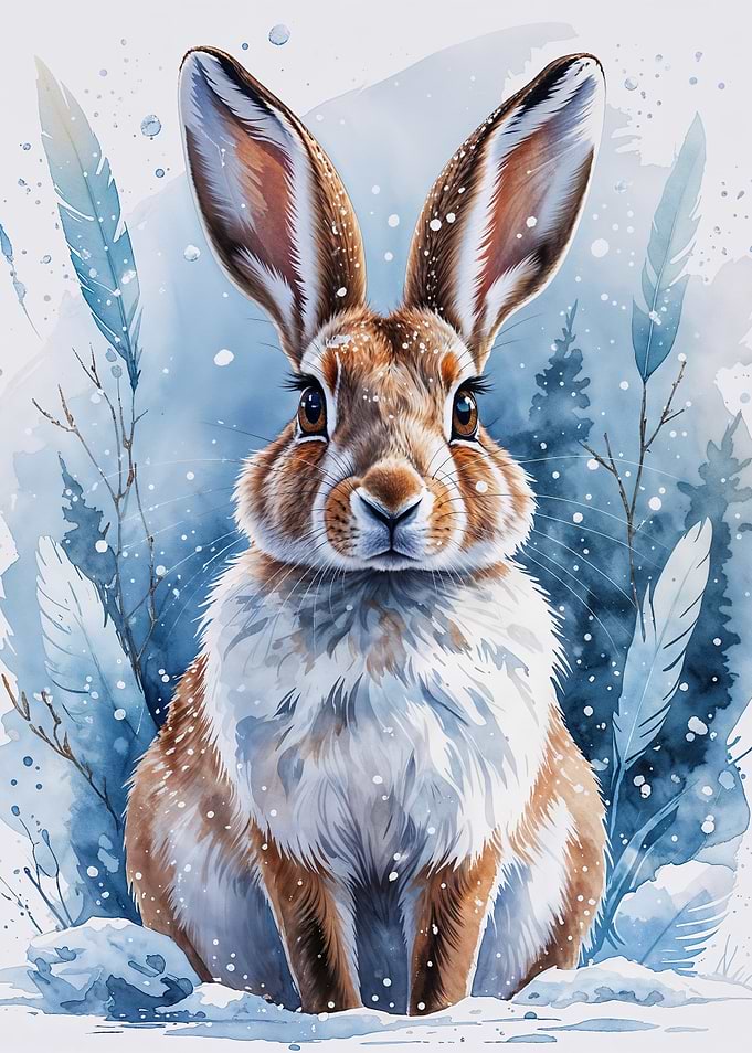Watercolor Rabbit in Winter Scene