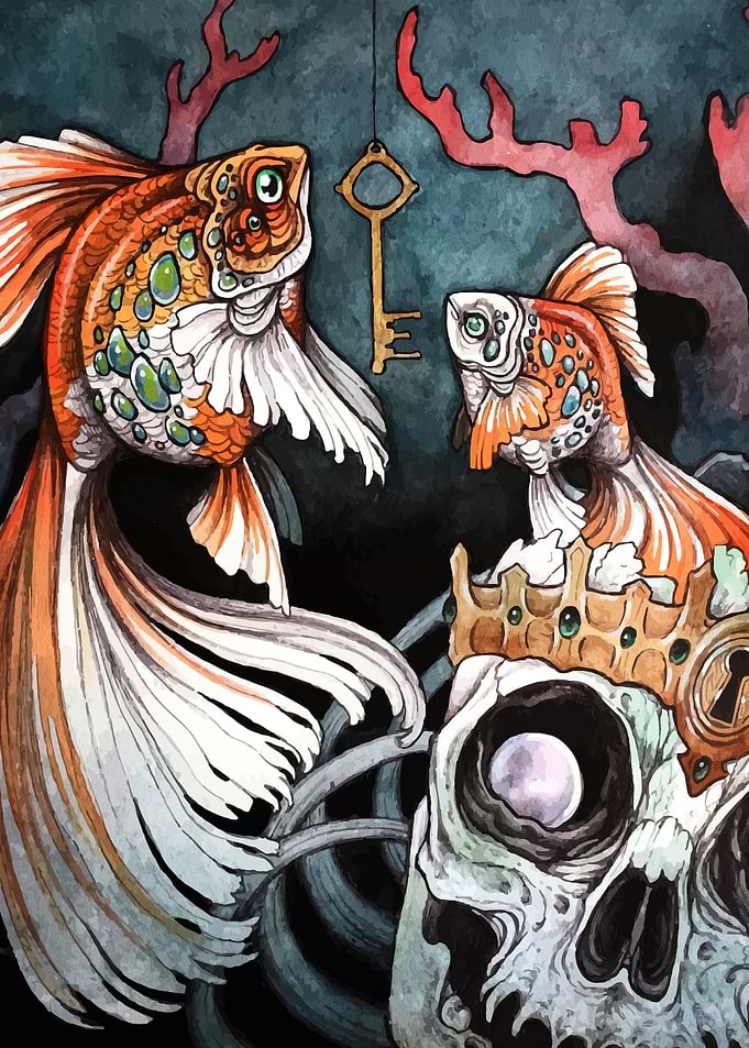 Goldfish, Skull, and Key Watercolor Painting