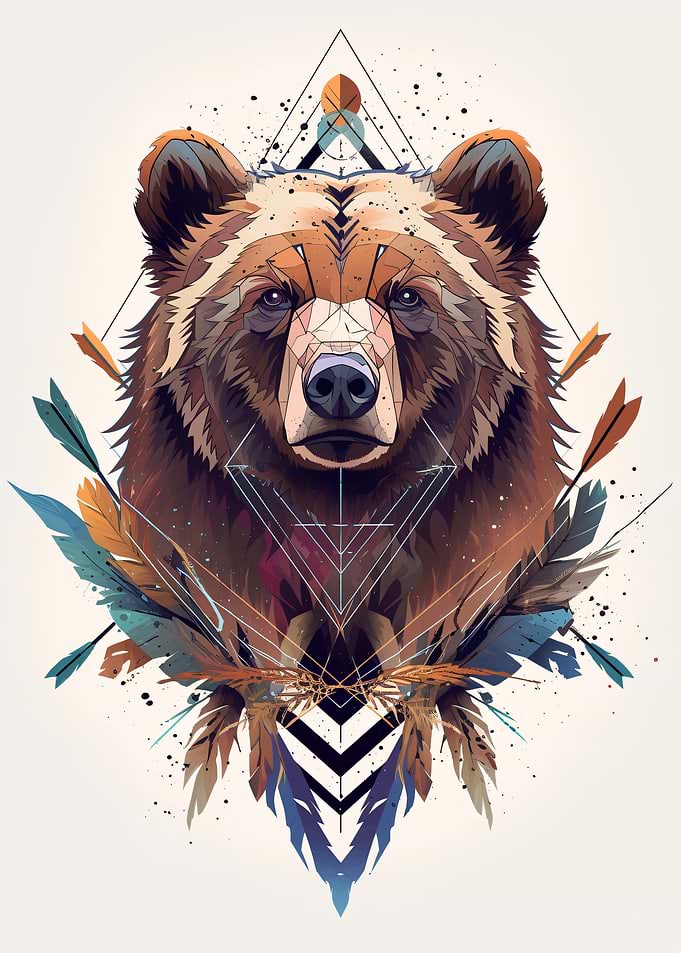 Geometric Bear with Feathers and Arrows