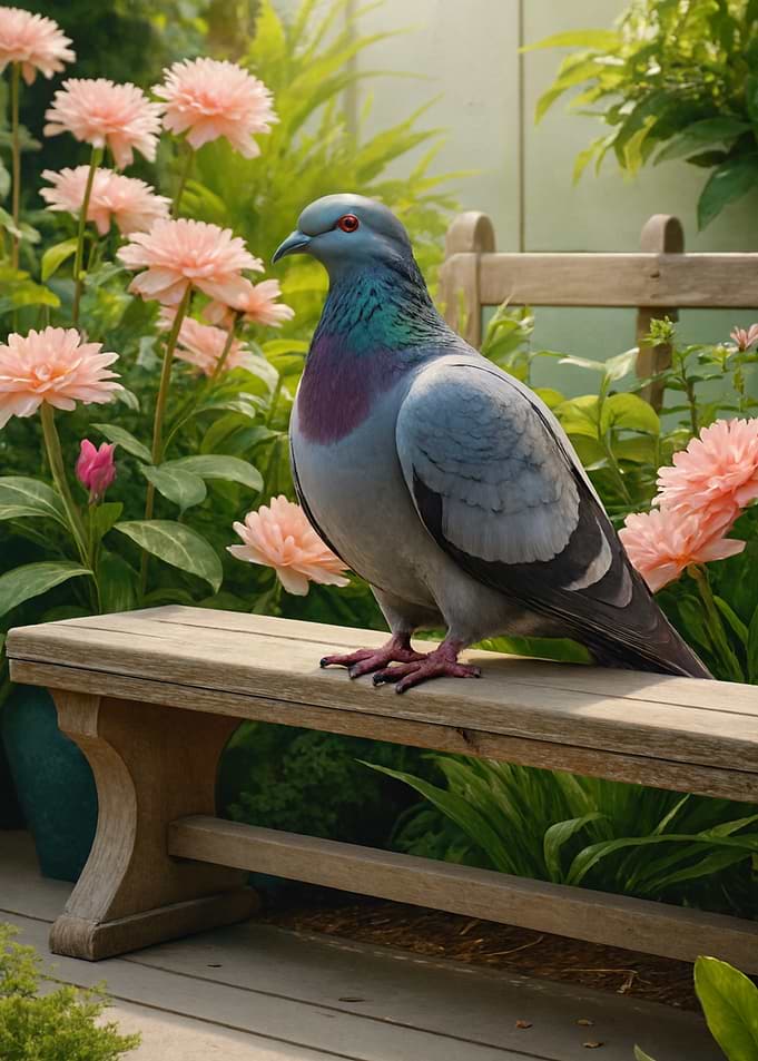 Pigeon on a bench in garden