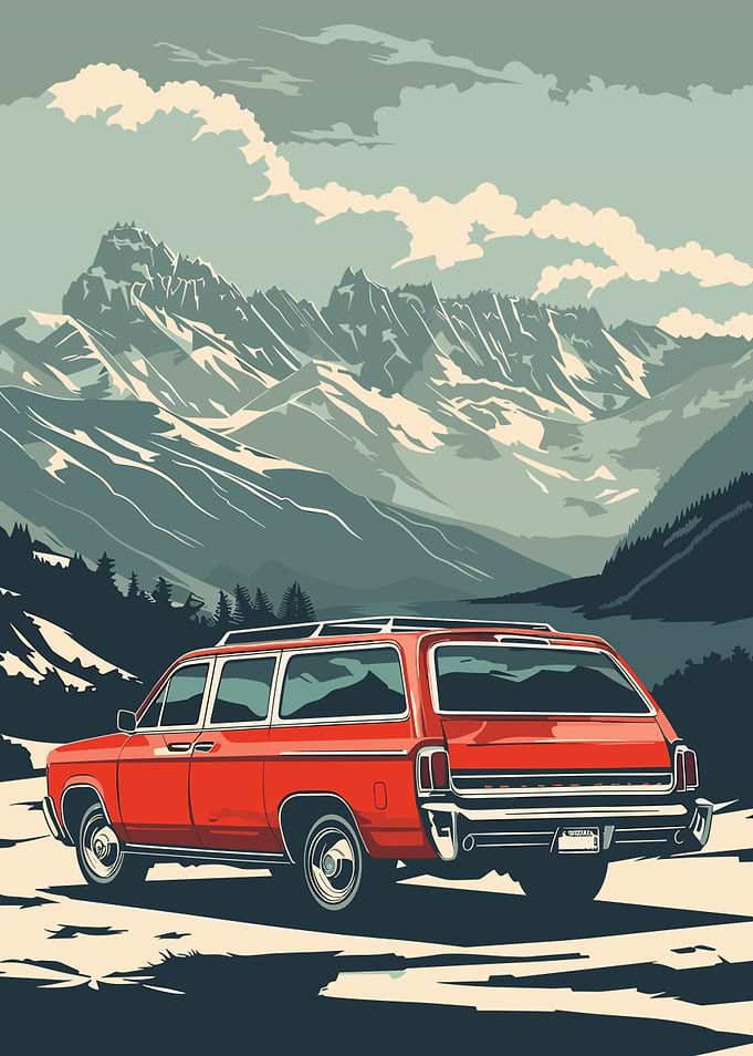Red Station Wagon Mountain Landscape