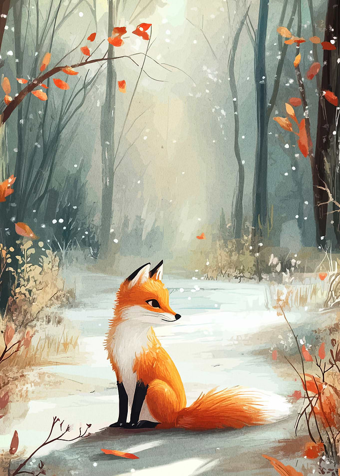 Fox in Winter Forest Painting