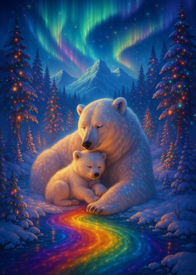 Polar Bear Mother and Cub Under the Northern Lights