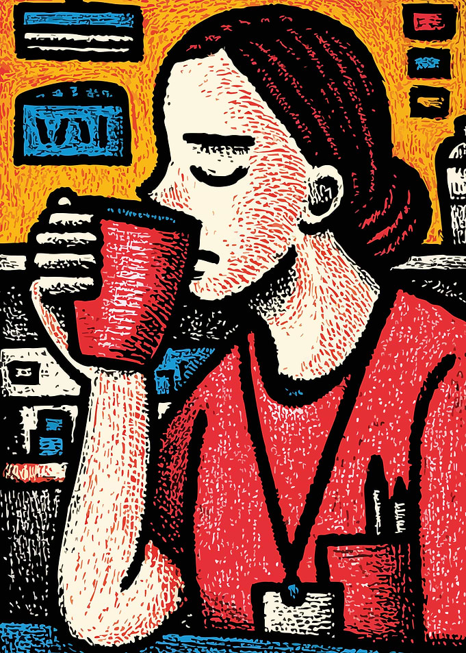 Tired Nurse Caffeinating Herself