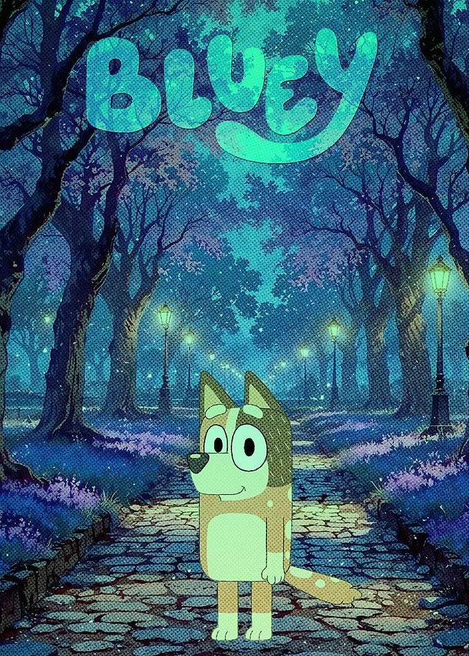 Bluey in a park at night