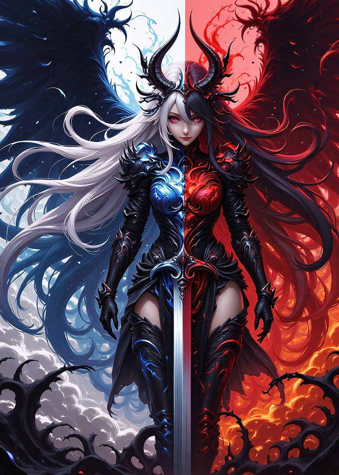 Dual-Sided Warrior with Wings and Sword