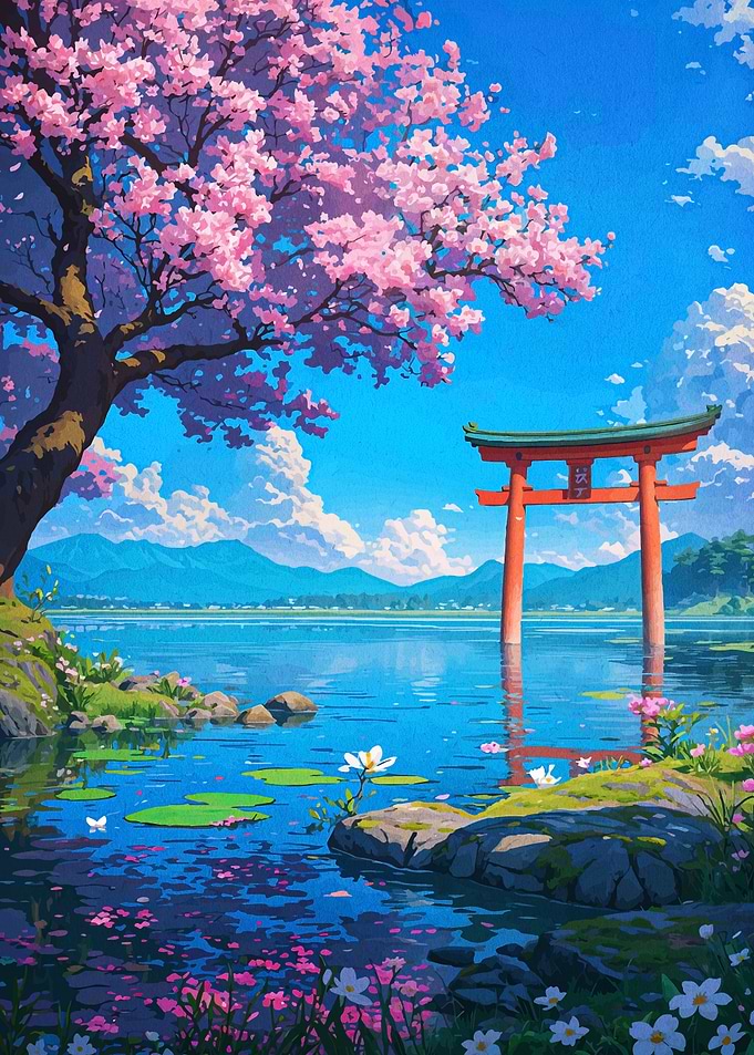 Japanese Landscape with Torii Gate and Cherry Blossoms