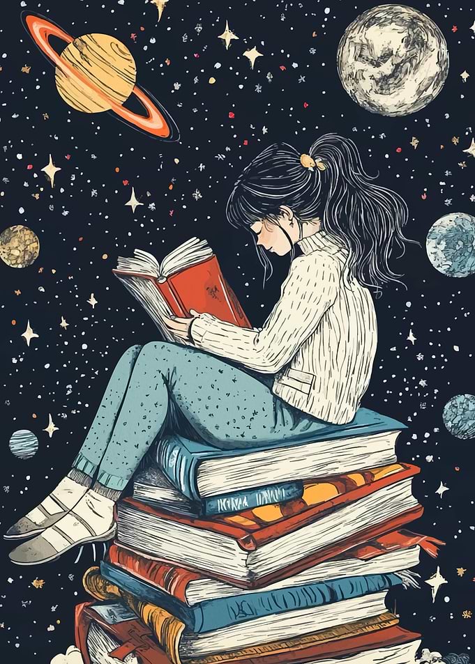 Girl Reading Books Space