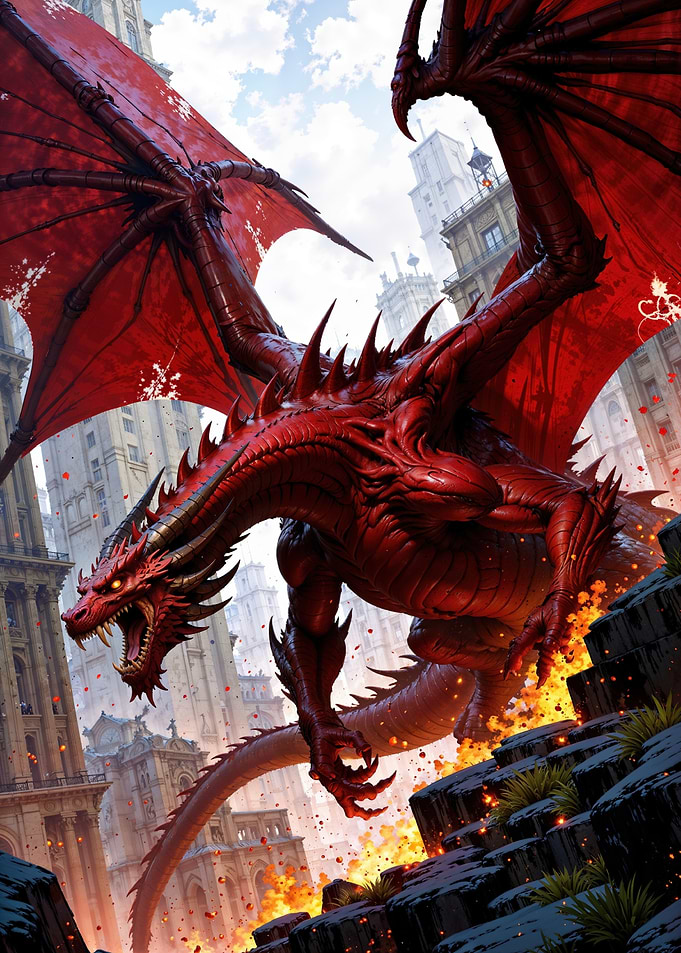 Red Dragon in Cityscape