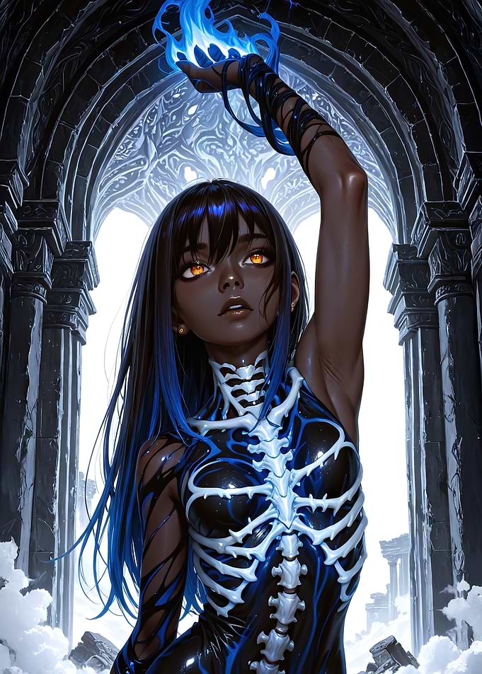 Dark-skinned sorceress with blue flame