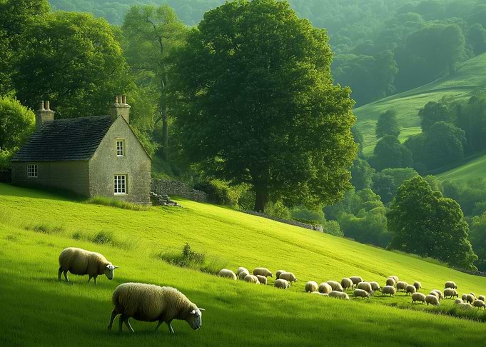 Idyllic Countryside with Sheep and Cottage