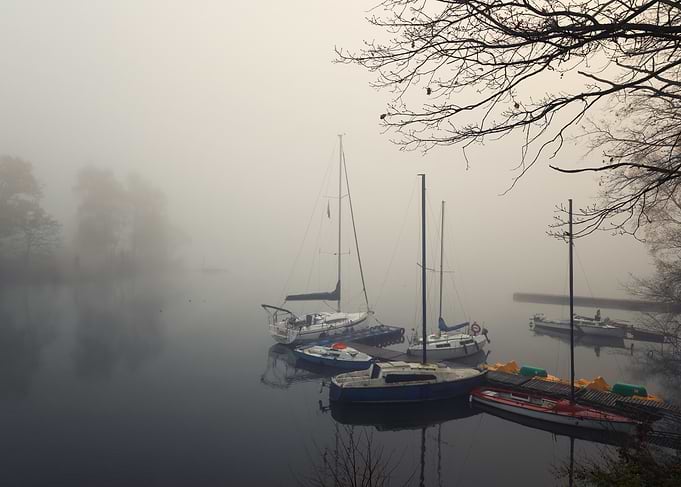Misty Lake with Boats, Poland