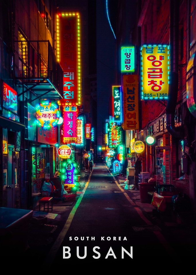 Neon-lit Street in Busan, South Korea