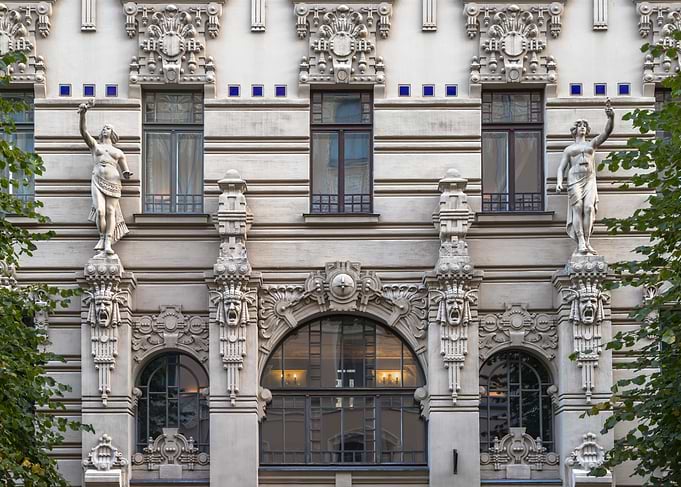 Art Nouveau Building Facade with Statues. Alberta street 2A, Riga, Latvia.