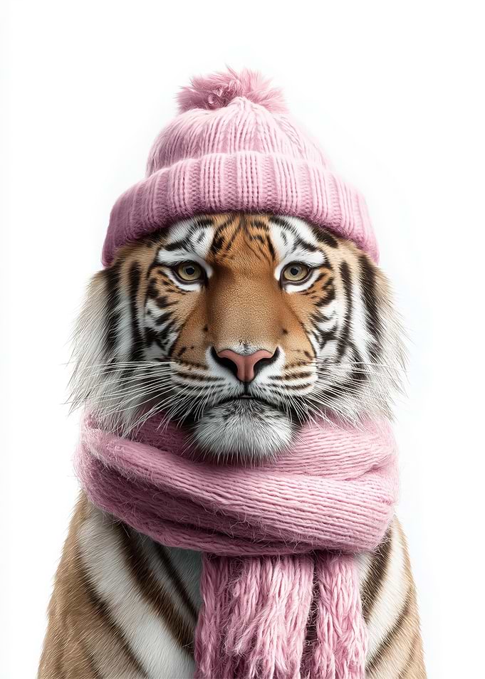 Cozy Tiger in Pink Hat and Scarf
