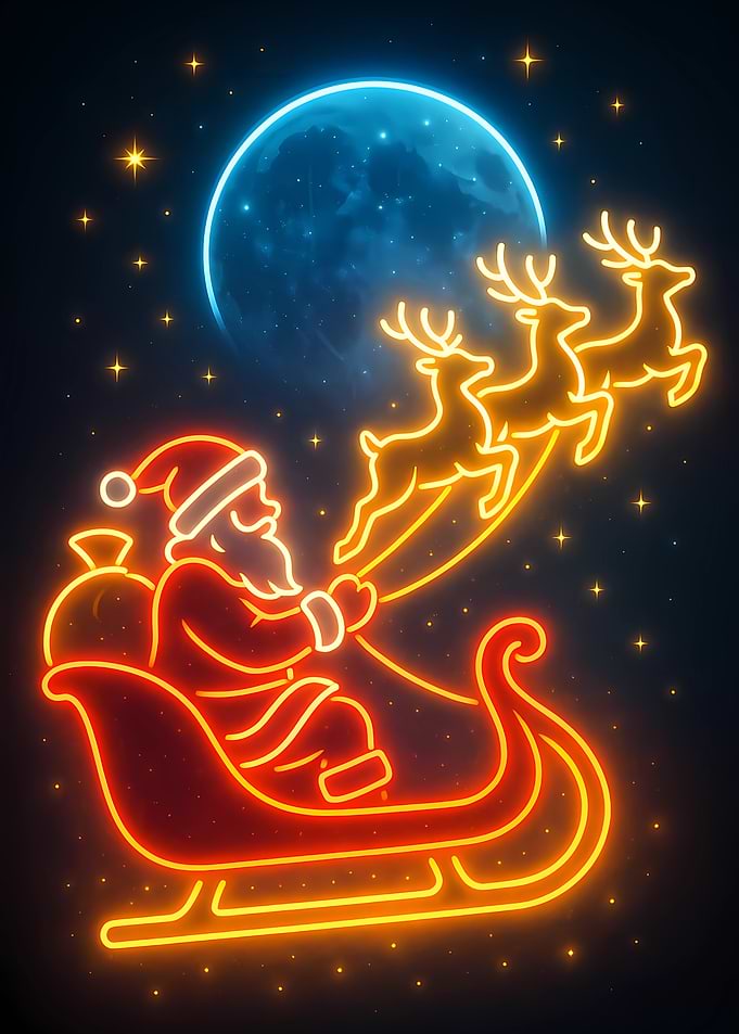 Neon Santa Sleigh with Reindeer