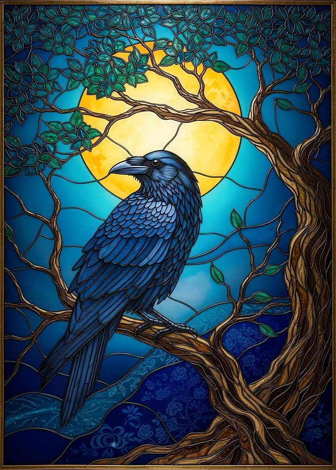 Raven in Stained Glass Style
