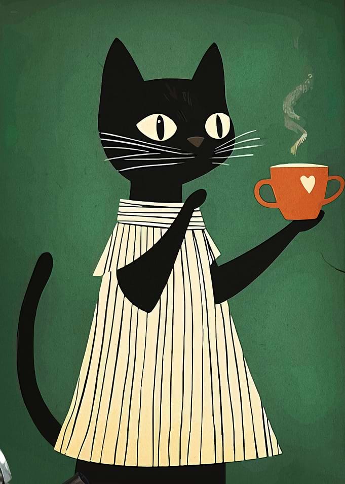 Black Cat with Coffee Cup Illustration