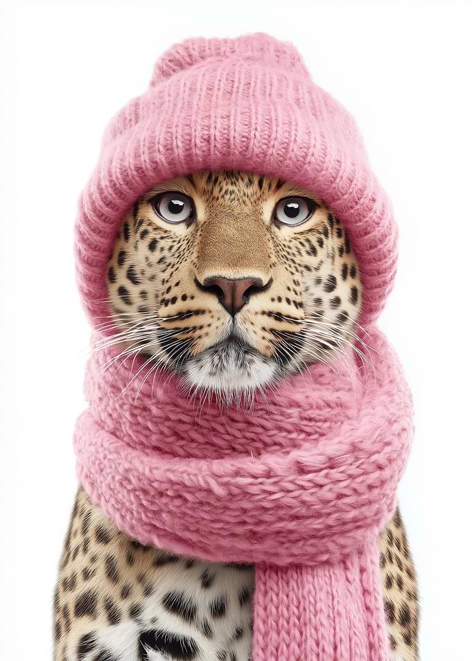 Cozy Leopard in Pink Hat and Scarf