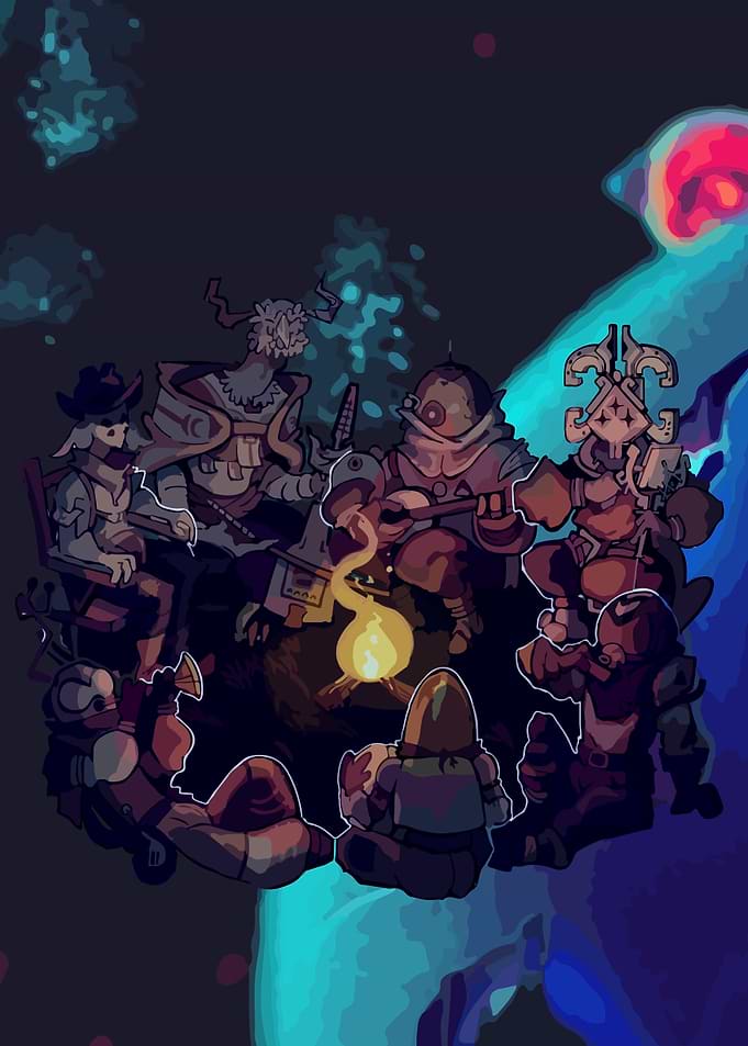 Fantasy Characters Around Campfire Illustration